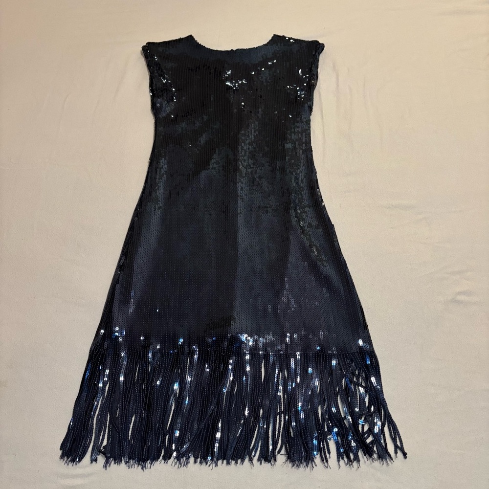 NWOT Joie Sequin Sheath Cocktail Dress Navy Tassel SzS 20s Flapper Disco Vegas